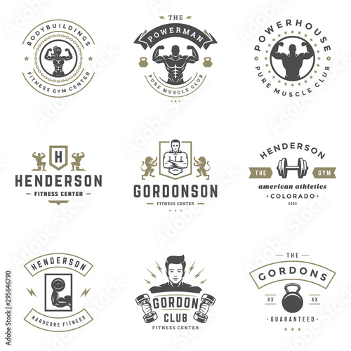 Fitness center and sport gym logos and badges design set vector illustration.