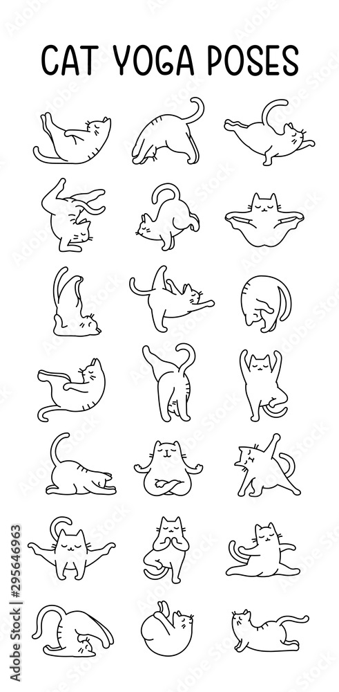 Collection Of Vector Hand Drawn Doodle Illustration Of Cats Doing Yoga Pose & Asana, Zen Meditation Namaste