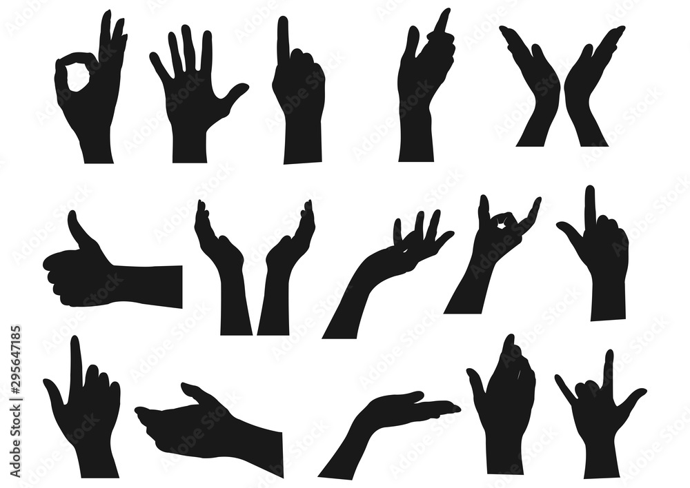 Set of hands showing different gestures isolated on a white background. Vector flat illustration of female and male hands . Isolated flat vector illustration Set of hands showing different gestures isolated on a white background. Vector flat illustration of female and male hands . Isolated flat vector illustration