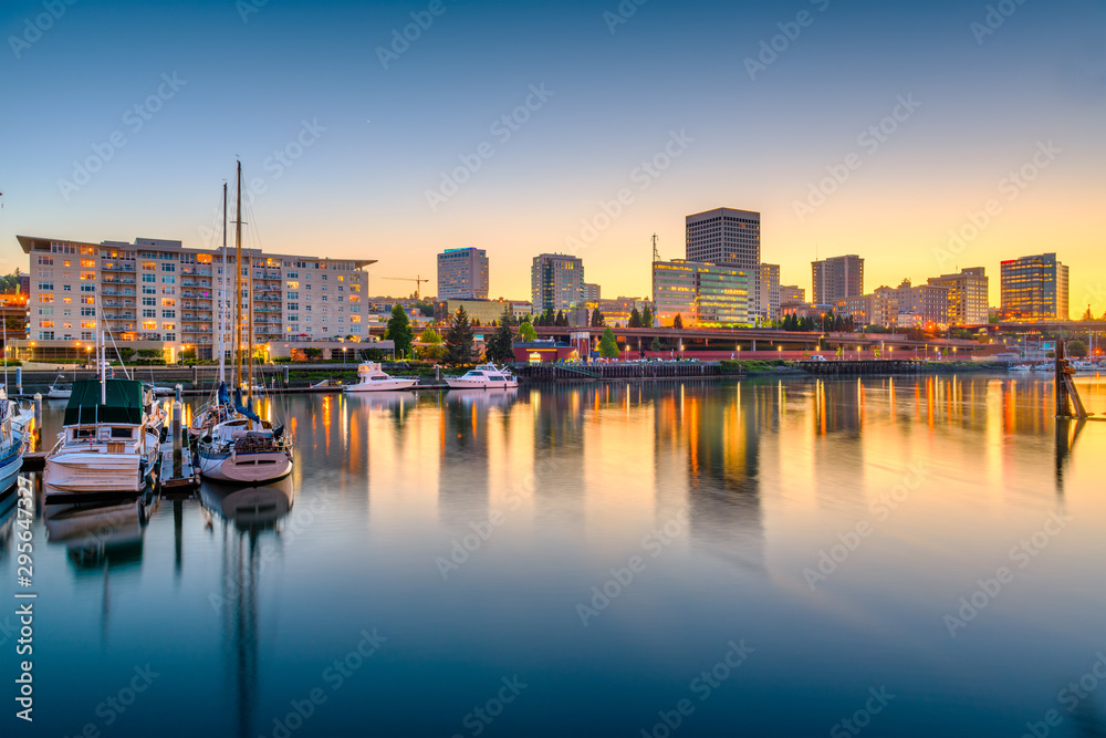 Tacoma, Washington, USA downtown skyline at dusk