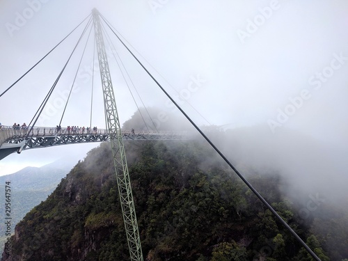 World's longest suspension bridge in fog in Langkawi Malaysia
