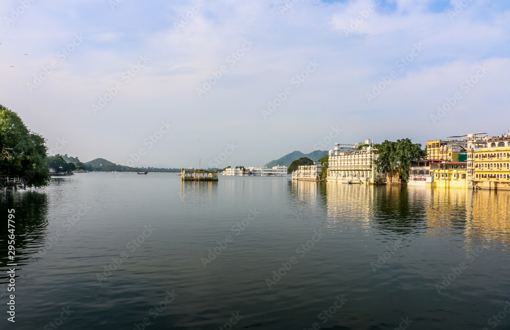View of Heritage Hotel from Ambarai Ghat, Lake Pichola, Udaipur Old City, Rajasthan, India