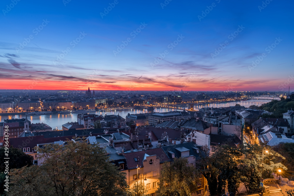 View from the castle hill, across the Danube with the Chain Bridge at sunrise.