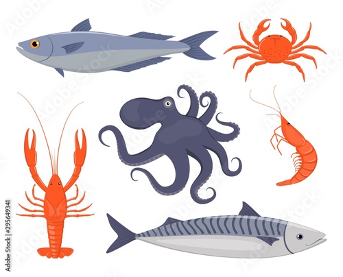 Seafood set. Salmon  crab  lobster  octopus  shrimp  mackerel in flat style. Fish  seafood icons for restaurant menu. Vector illustration.