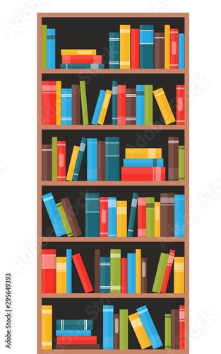 Bookcase with books. Book shelves with multicolored book spines. Vector illustration in flat style.