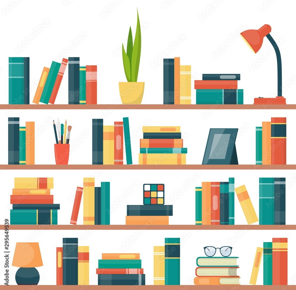 Book shelves with books and other objects. Book, lamp, potted plant, photo frame, rubik cube, glasses. Vector illustration in flat style. Book shelves with books and other objects. Book, lamp, potted plant, photo frame, rubik cube, glasses. Vector illustration in flat style.