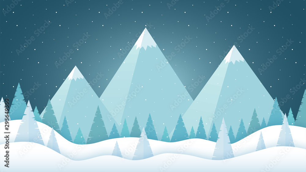 Winter landscape in a flat design. Winter forest and mountains. Winter and snowfall vector background