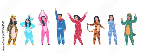 Characters in pajamas. Cartoon men and women in different pajamas, superheroes and animals costumes. Vector illustration pajama party, person in costume set rabbit giraffe superhero unicorn tiger