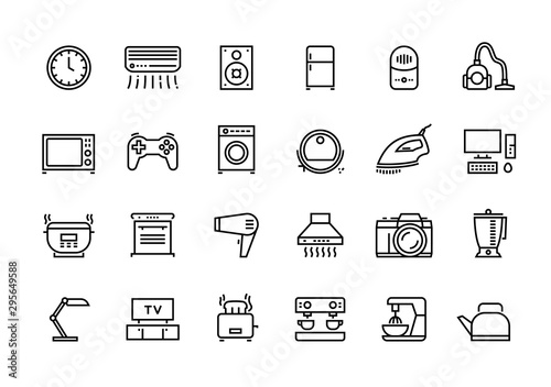 Home appliances line icons. Household electric devices, kitchen equipment and smart utensils. Vector illustration outline TV microwave lamp and other house electronics set for logo services