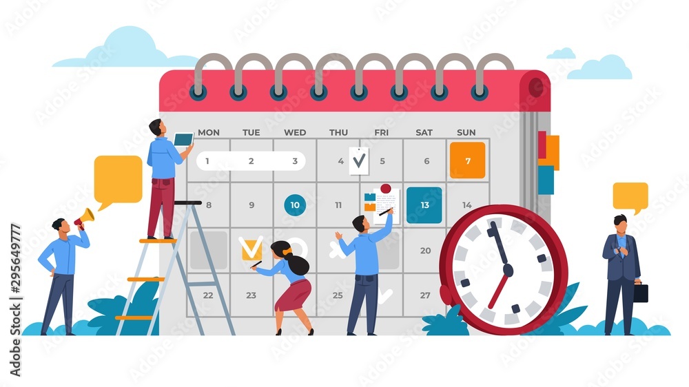 People planning concept. Entrepreneurship and calendar schedule planning with filling course campaign. Vector illustrations business meeting and events organizing process office working
