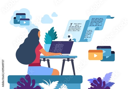 Content writer. Media creator and online freelance article writer, blog copywriter and content maker concept. Vector illustration internet business marketing concepts for creating blogs