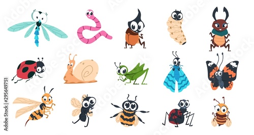Funny bugs. Cartoon cute insects with faces, caterpillar butterfly bumblebee spider larvae colorful characters. Vector designs illustration smiling creature with eyes for learning children