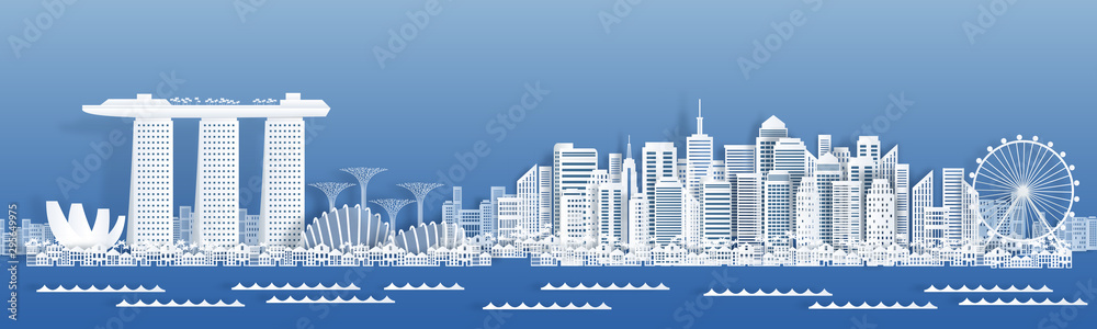 Paper cut Singapore. Travel banner with cityscape, famous tourist Singapore landmarks in paper style. Vector illustration white city buildings for posters and holiday cards for traveler