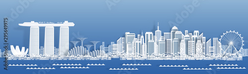 Paper cut Singapore. Travel banner with cityscape, famous tourist Singapore landmarks in paper style. Vector illustration white city buildings for posters and holiday cards for traveler