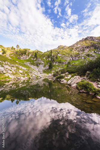 Reflection of mountains in a calm lake landscape.