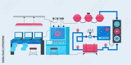 Smart factory concept. Modern industrial manufacturing factory manufacturing it computing production process. Modern conveyor machine automation work without operator vector illustration photo