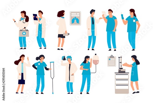 Doctor characters. Cartoon trendy hand draw male and female hospital staff, people dressed in professional clothes. Vector isolated set professionals medical worker team in hospital