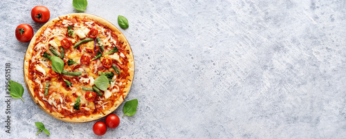 Fresh vegetarian pizza on light blue background