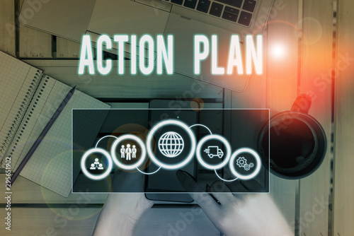 Word writing text Action Plan. Business photo showcasing detailed plan outlining actions needed to reach goals or vision Picture photo system network scheme modern technology smart device