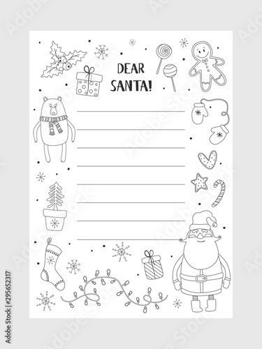Cartoon Christmas wish christmas items. Coloring page. A letter to Santa Claus template. Christmas background with a place for Christmas gifts for Santa wish list. Vector illustration.