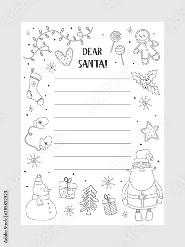 Cartoon Christmas wish christmas items. Coloring page. A letter to Santa Claus template. Christmas background with a place for Christmas gifts for Santa wish list. Vector illustration.