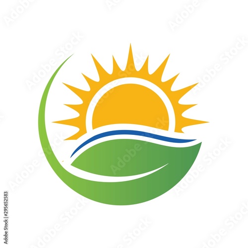  Plant and Sun logo. Eco organic green Farm natural fresh products Logotype icon. Minimalistic, abstract logo of a leaf - Vector