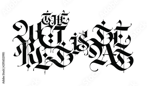 The inscription World of the Dead in the Gothic style. Vector. Letters and symbols on a black background. Calligraphy with black marker. Medieval latin letters. Motivational inscription. Ancient Germa