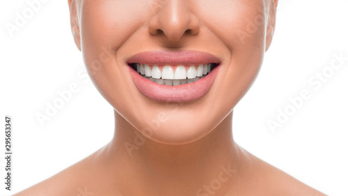 Happy smiling woman with perfect teeth. Close up view. Dental health concept.