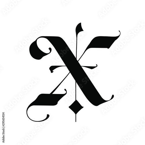 Letter X, in the Gothic style. Vector. Alphabet. The symbol is isolated on a white background. Calligraphy and lettering. Medieval Latin letter. Logo for the company. Monogram. Elegant font for tattoo