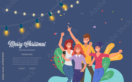 Merry christmas and Happy new year party and wearing santa claus hat. Web Landing page template for winter holidays.