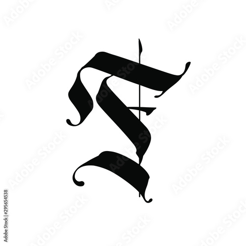 Letter F, in the Gothic style. Vector. Alphabet. The symbol is isolated on a white background. Calligraphy and lettering. Medieval Latin letter. Logo for the company. Monogram. Elegant font for tattoo