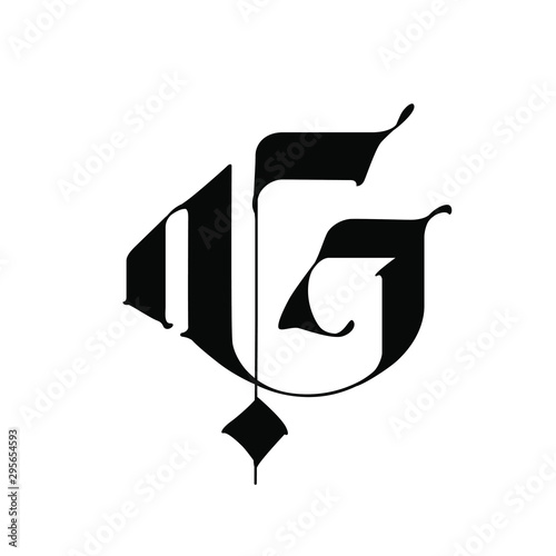 Letter G, in the Gothic style. Vector. Alphabet. The symbol is isolated on a white background. Calligraphy and lettering. Medieval Latin letter. Logo for the company. Monogram. Elegant font for tattoo