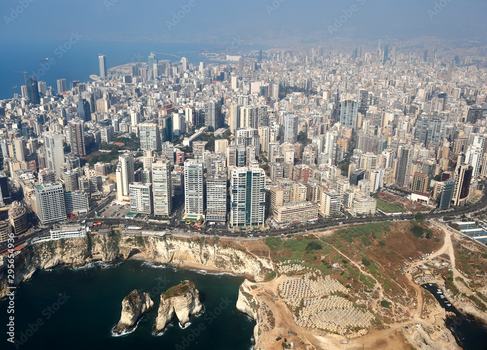Obraz premium Beirut, Aerial View of the city and its famous Pigeon Rocks - Lebanon