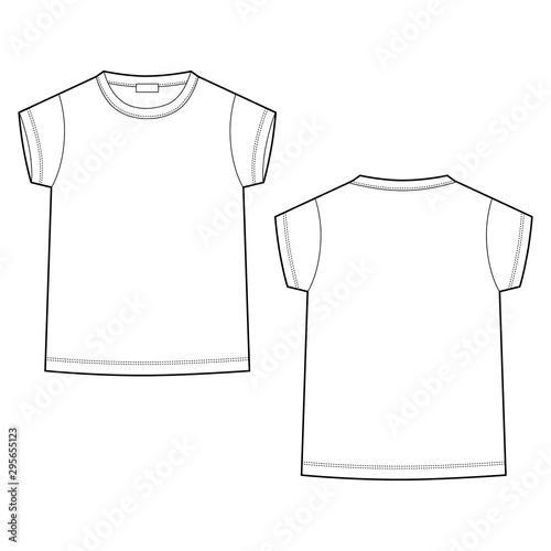 Outline technical sketch children's t shirt on white background. Kids t-shirt design template.