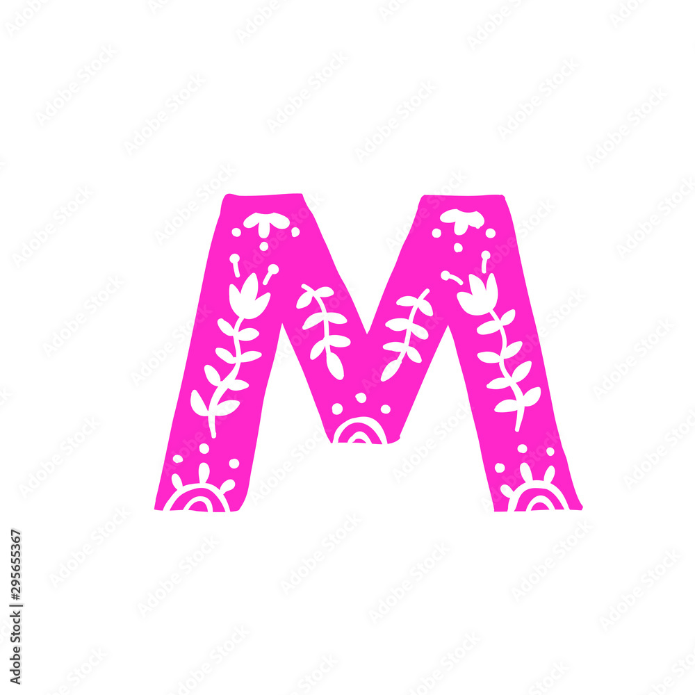 Letter M. Vector. Pink letter with ornament. Applique for clothes. Logo for the company. Letter M. Vector. Pink letter with ornament. Applique for clothes. Logo for the company.