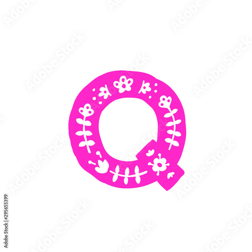 Letter Q. Vector. Pink letter with ornament. Applique for clothes. Logo for the company.