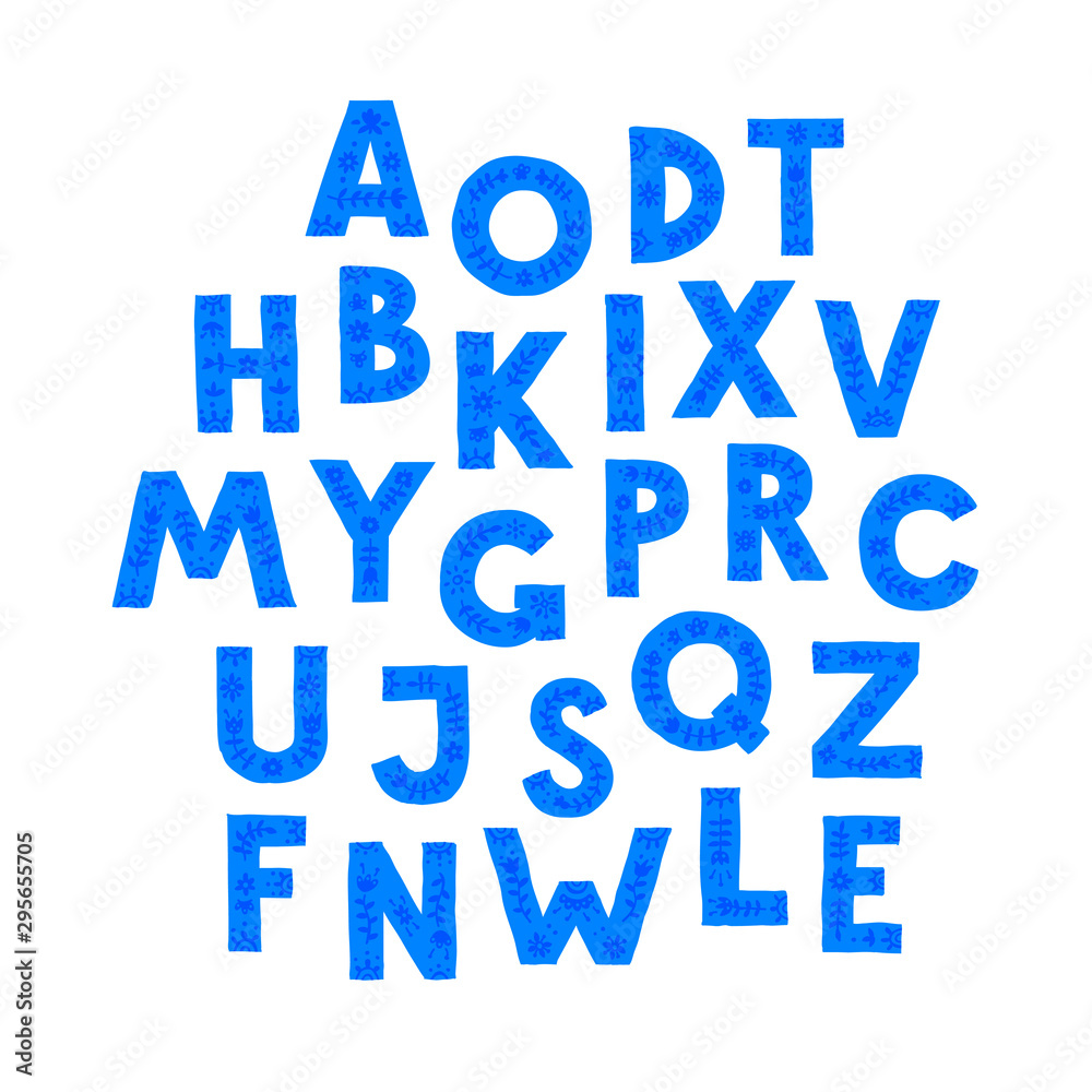 Blue letters in random order.  Letters in a floral ornament. Cartoon doodle style. English alphabet.