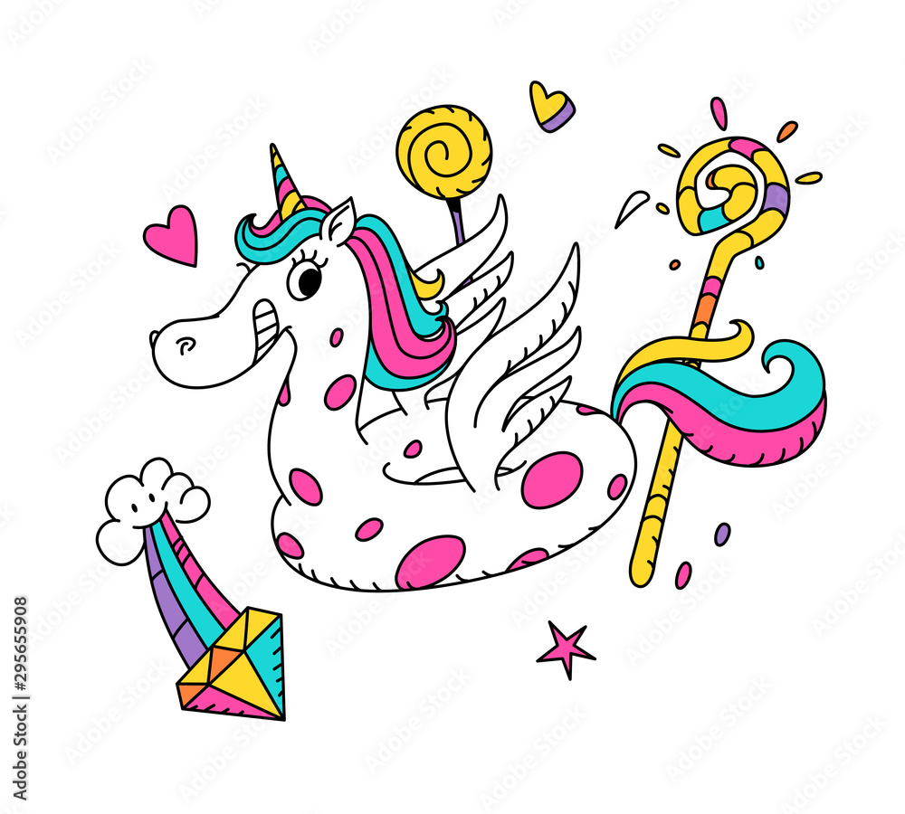 Illustration of a magical unicorn in the form of a rubber ring. Cartoon hero cute horse with wings. Kawaii character. Mythical creature, symbolizes chastity. Sticker for girls. Illustration of a magical unicorn in the form of a rubber ring. Cartoon hero cute horse with wings. Kawaii character. Mythical creature, symbolizes chastity. Sticker for girls.