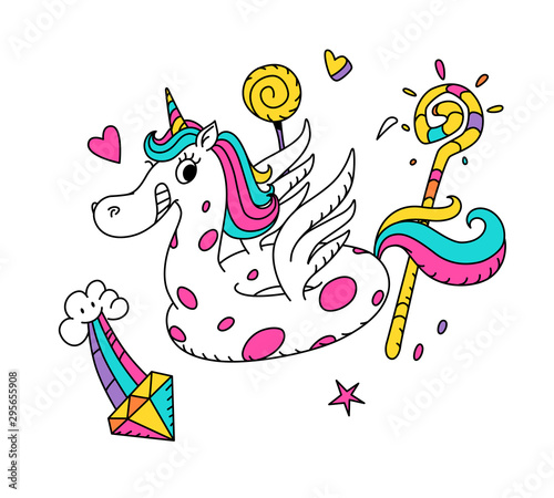 Illustration of a magical unicorn in the form of a rubber ring. Cartoon hero cute horse with wings. Kawaii character. Mythical creature, symbolizes chastity. Sticker for girls.