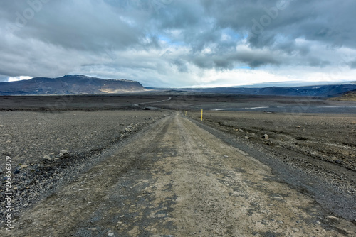 Dusty road through the beautiful icelandic highlands to Langjokull Glacier, Vesturland, Iceland