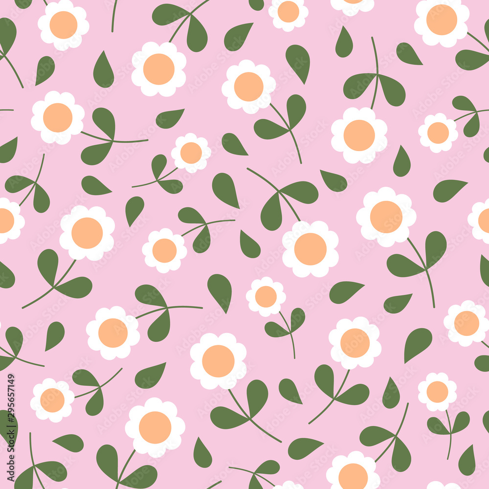 Vector seamless pattern of retro geometric daisies on a pink background. Great for wrapping paper, kitchen decor and bedroom decor. Vector seamless pattern of retro geometric daisies on a pink background. Great for wrapping paper, kitchen decor and bedroom decor.
