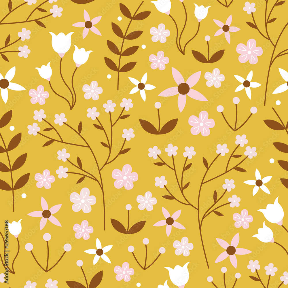 Vector seamless pattern of white, pink and brown flowers and vines on a mustard yellow background. Great for textiles, gift wrap, bed covers, textiles, stationery designs, gardening items. Vector seamless pattern of white, pink and brown flowers and vines on a mustard yellow background. Great for textiles, gift wrap, bed covers, textiles, stationery designs, gardening items.