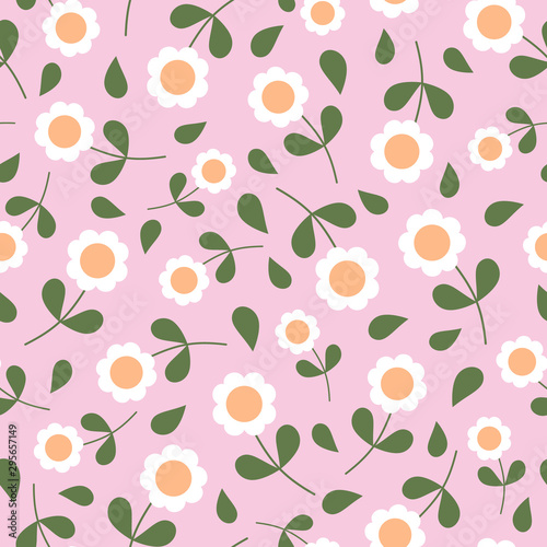 Vector seamless pattern of retro geometric daisies on a pink background. Great for wrapping paper, kitchen decor and bedroom decor.