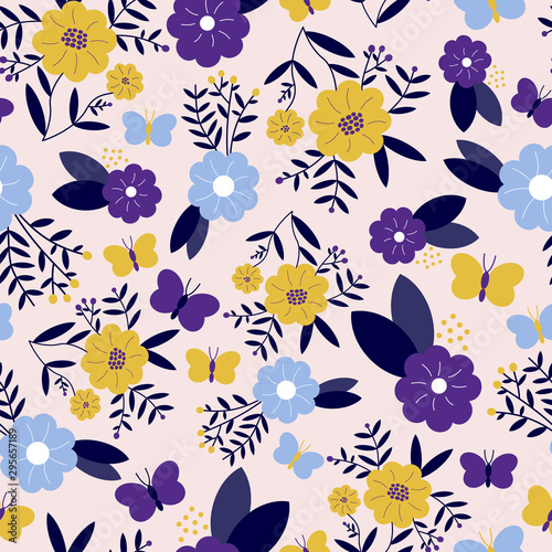 Vector seamless pattern of flowers, leaves, berries and butterflies on a light pink background. Great for dressmaking fabric and bedroom decor.