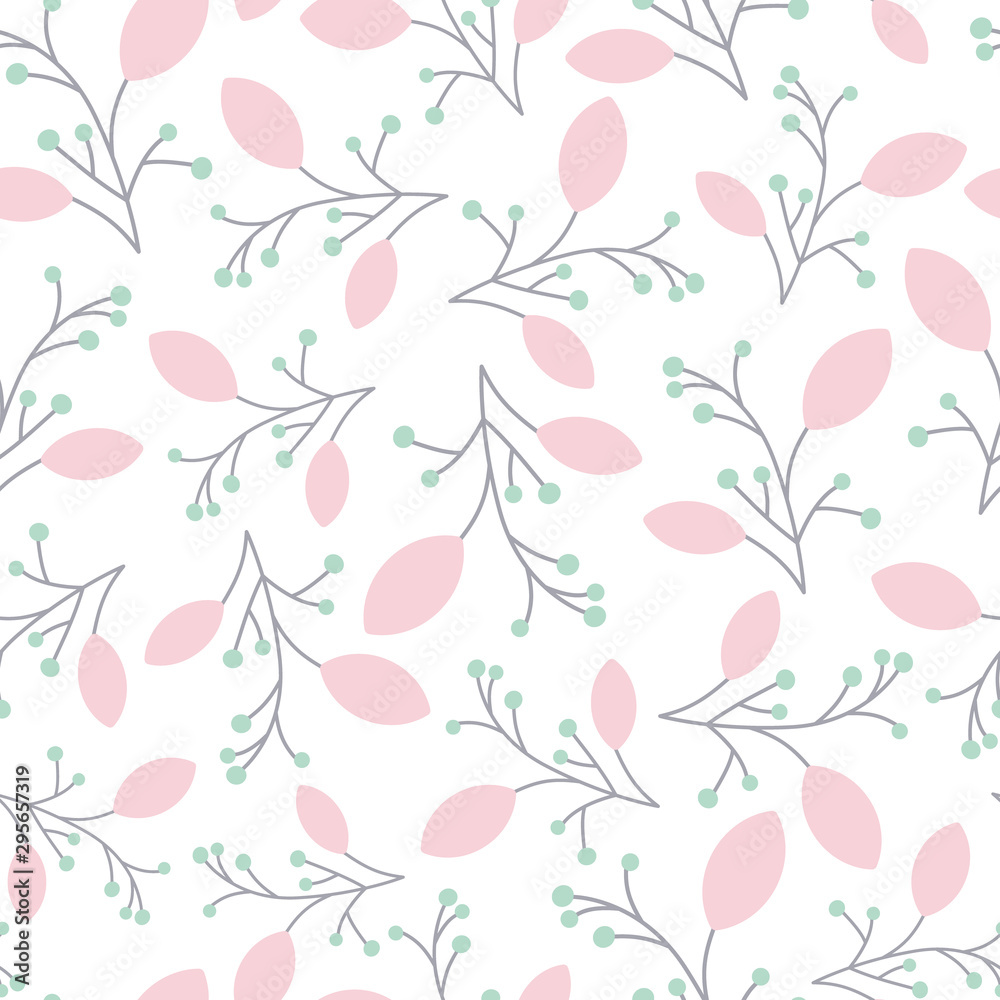 Vector seamless pattern of large pink leaves on pale grey stems with mint green berries on a white background. Great for baby item fabric and home decor. Vector seamless pattern of large pink leaves on pale grey stems with mint green berries on a white background. Great for baby item fabric and home decor.