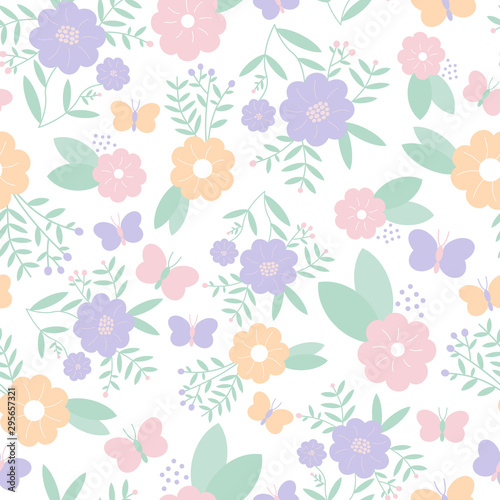 Vector seamless pattern of pastel flowers  leaves  berries and butterflies on a white background. Great for dressmaking fabric and bedroom decor.