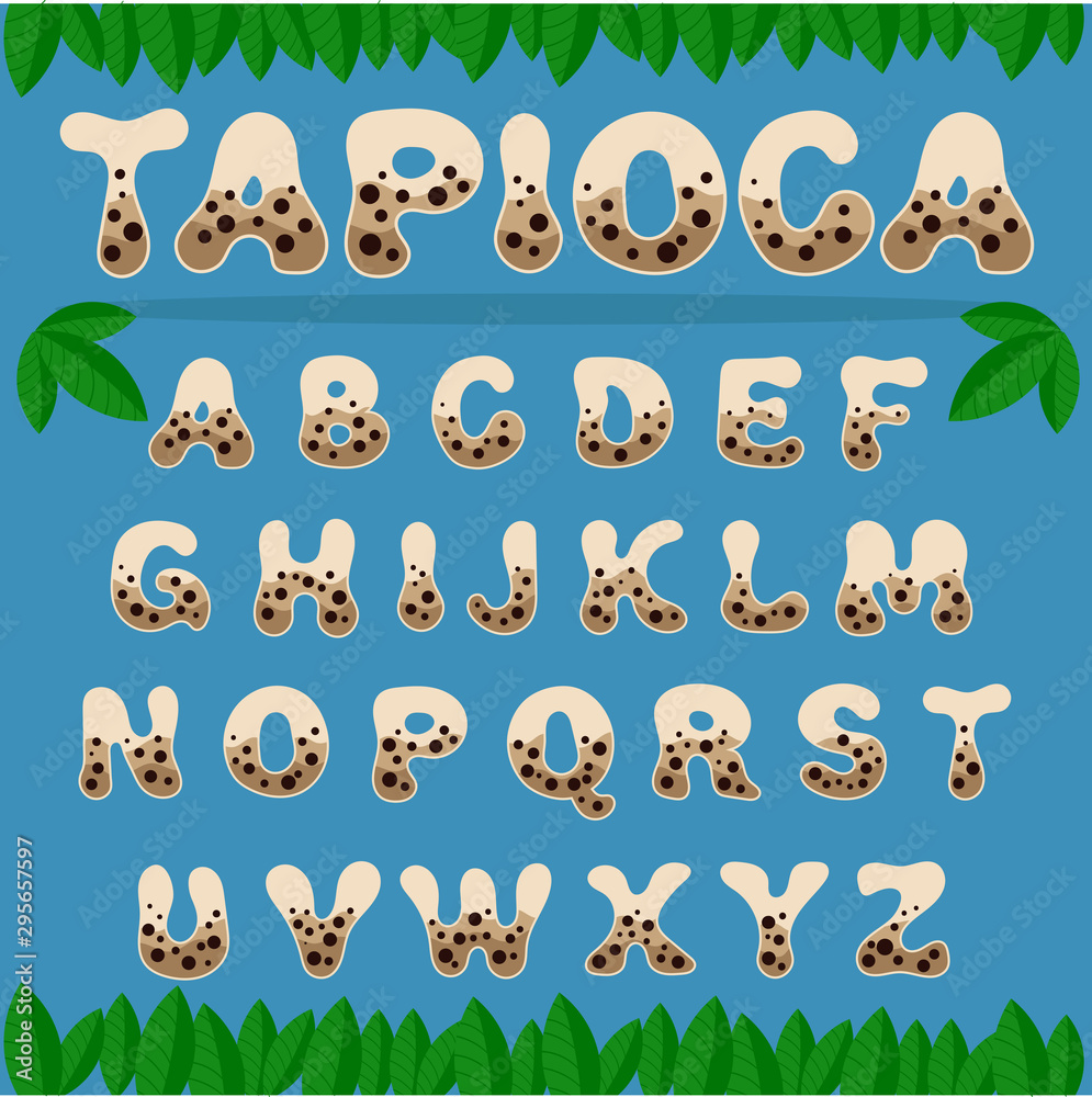 Fototapeta premium Tapioca alphabet. Beige letters with brown balls. Vector on blue background