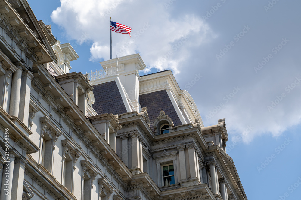 Close up of the intricate architecture and columns of the Eisenhower Executive Office Building in Washington DC