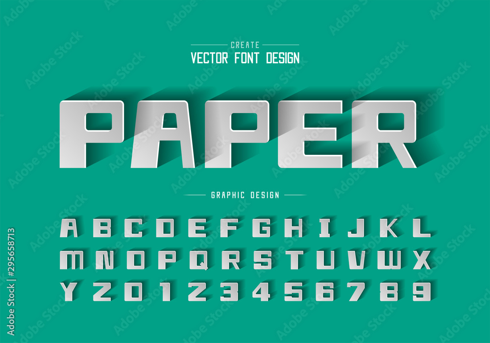 Paper font shadow and bold alphabet vector, Square typeface letter and number design