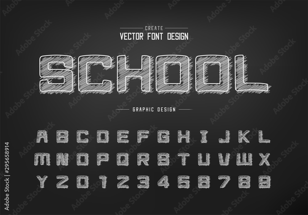 Chalk font and Cartoon alphabet vector, Hand draw square typeface letter and number design